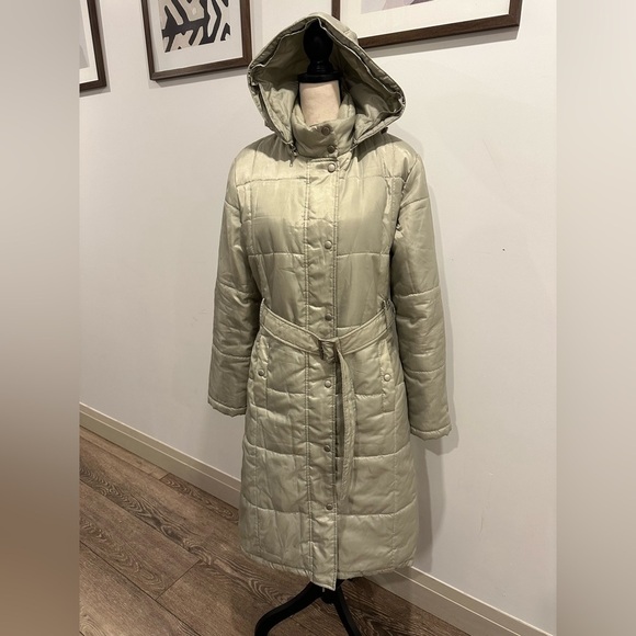 Top secret  VTG long puffer jacket sage green SZ L EUC zip front hooded - Picture 1 of 12